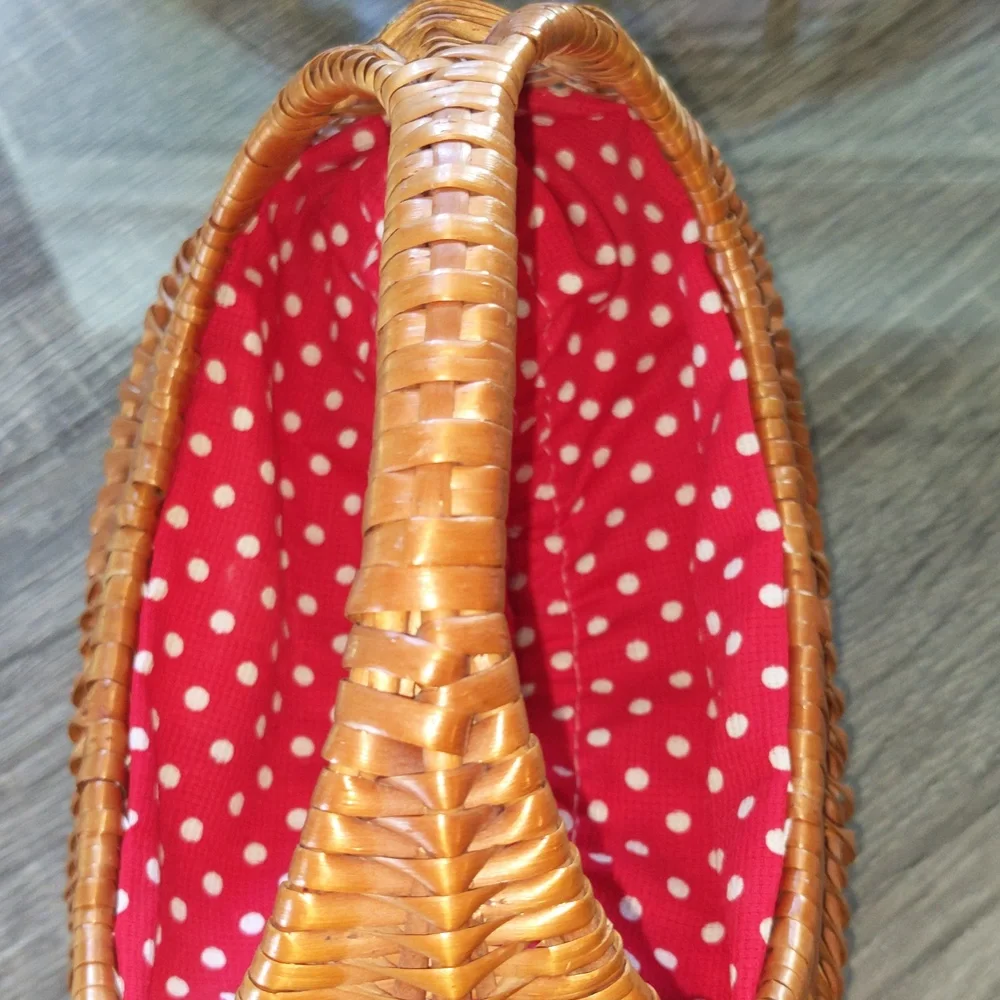 Vintage Wicker Rattan Gathering Gondola Basket Purse Polka Dot Fabric Red
